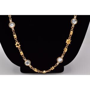 St. John Vintage Crystal Station Necklace Gold Tone Heavy Chunky Signed BinBL